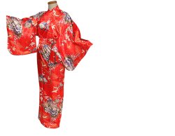 Photo1: Japanese Kimono dress desine pattern bell and crane Red Freeshipping 