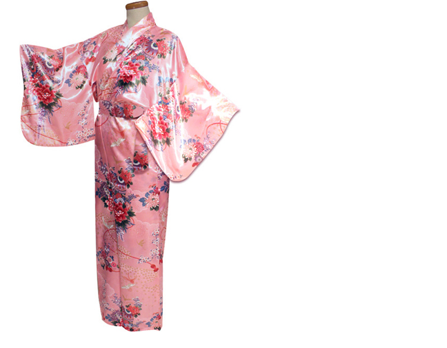 Photo1: Japanese Kimono dress designe pattern bell and crane pink Free shipping  (1)